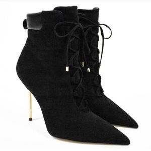 Good American Black Ankle Boots with Gold Heel